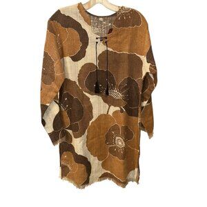 Brown FLoral linen Vintage Poppy Print tunic top/mini dress? M